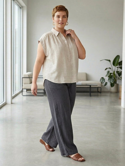 Larui Plus Size Women's Pleated Linen Shirt