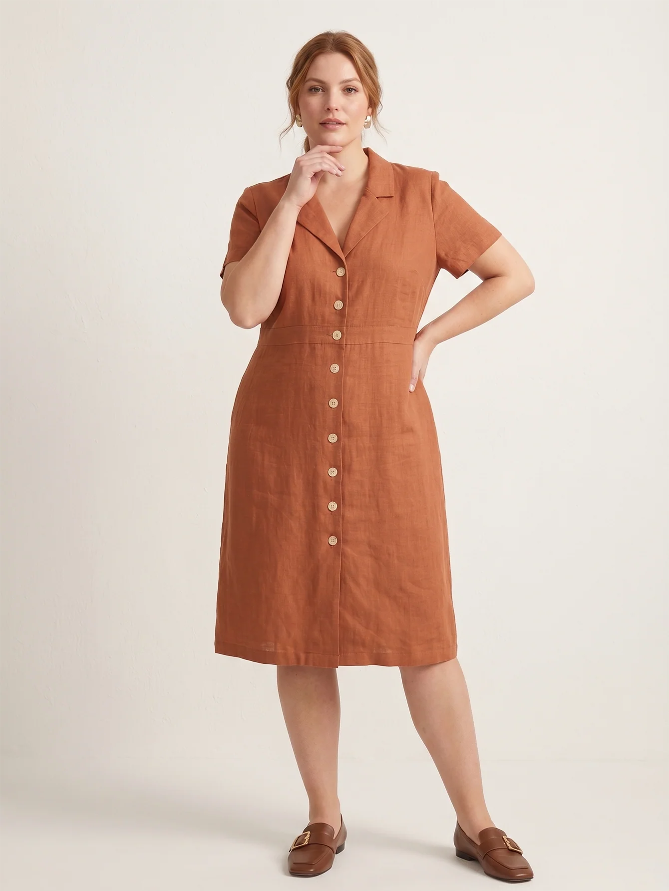 Larui Plus Size Women's Button-Down Pocket Linen Dress