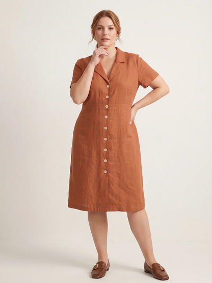 Larui Plus Size Women's Button-Down Pocket Linen Dress