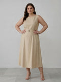 Larui Plus Size Women‘s Linen  Sleeveless Dress With Belt