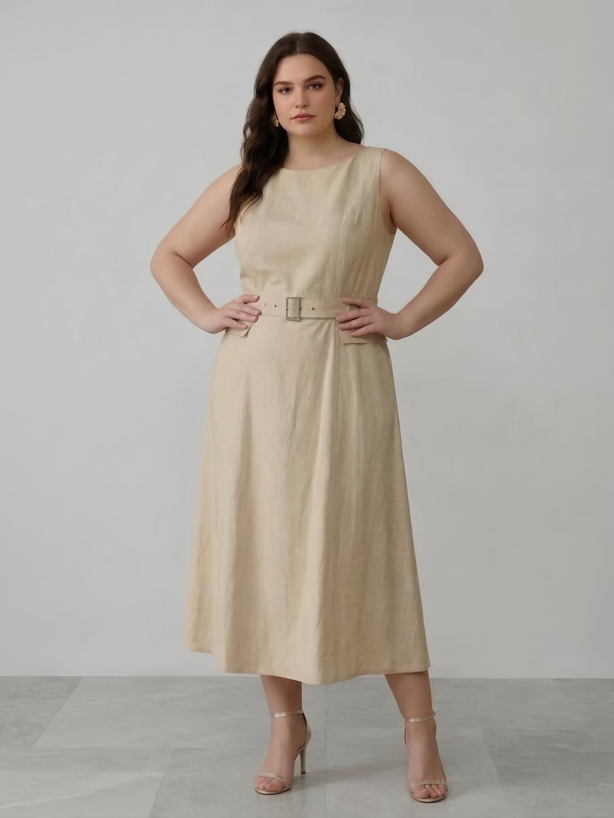 Larui Plus Size Women‘s Linen  Sleeveless Dress With Belt