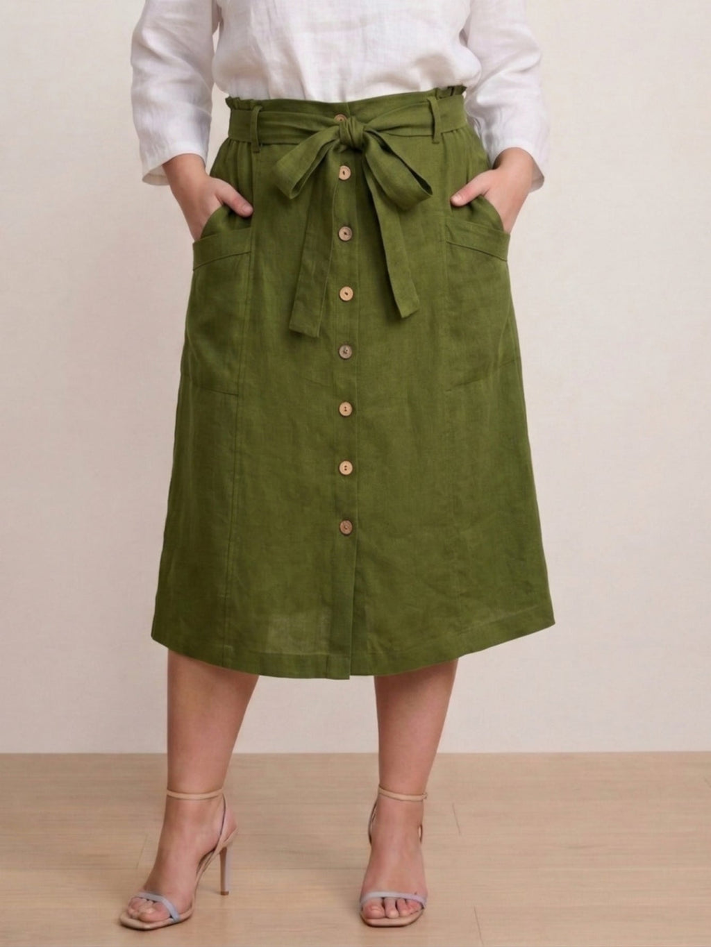 Larui Plus Size Women's Linen Pocket Midi Skirt With Belted