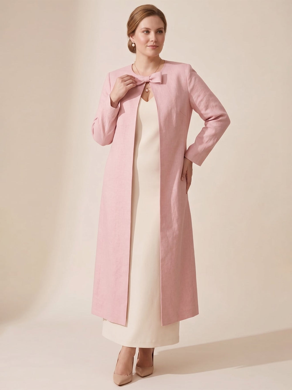 Larui Plus Size Women's Bow-Knot Wedding Long LinenCoat