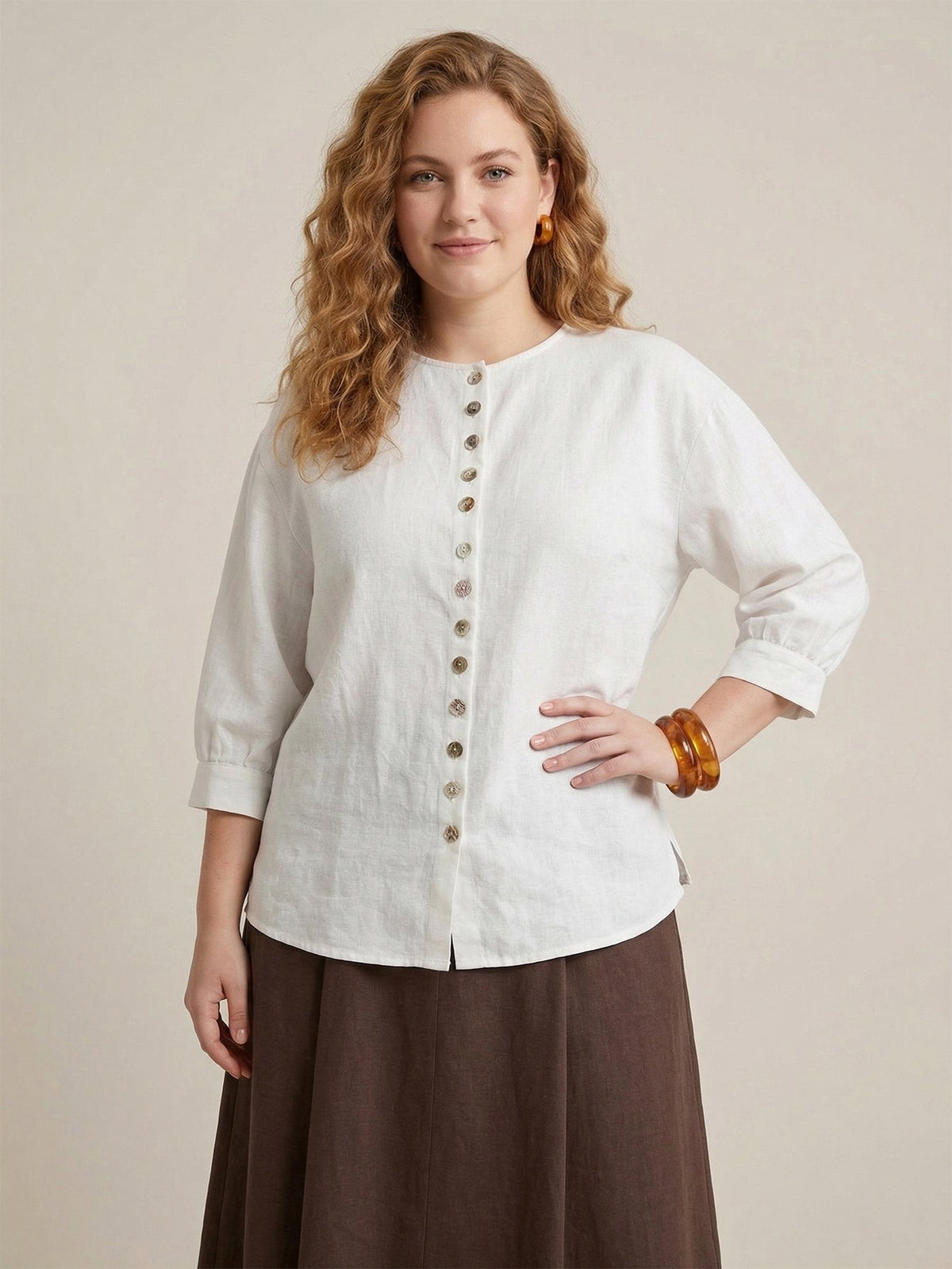 Larui Plus Size Women's Shell Button Linen Shirt