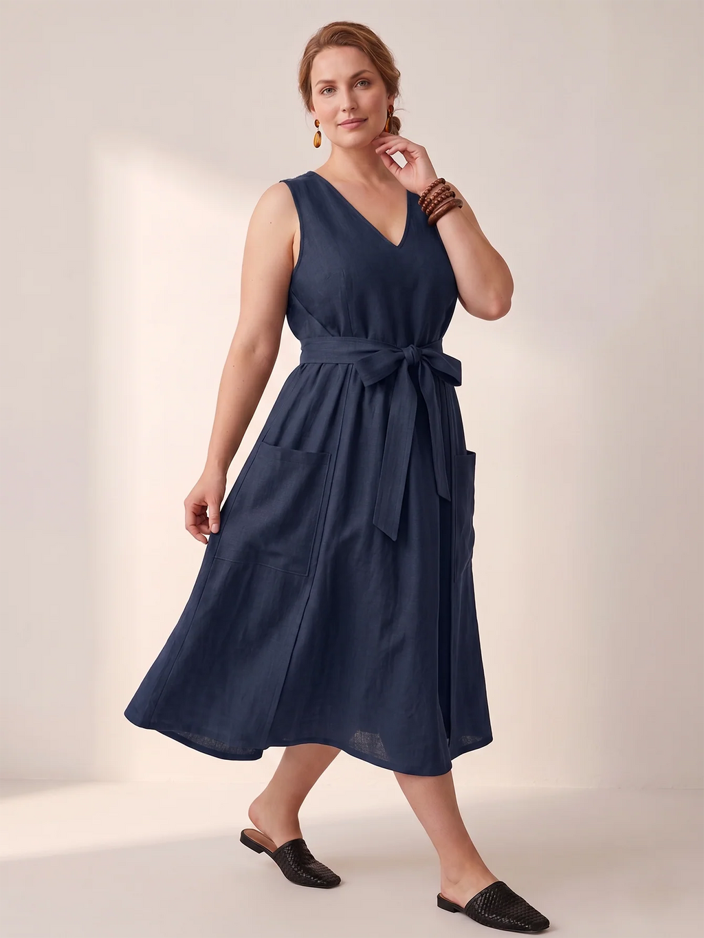 Larui Plus-Size Women's Reversible Open-Front Tie-Up Apron-Style Linen Dress
