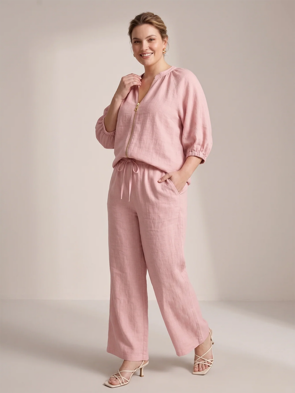 Larui Plus Size Women's Three-Quarter Sleeve Top and Pants Two-Piece Linen Set
