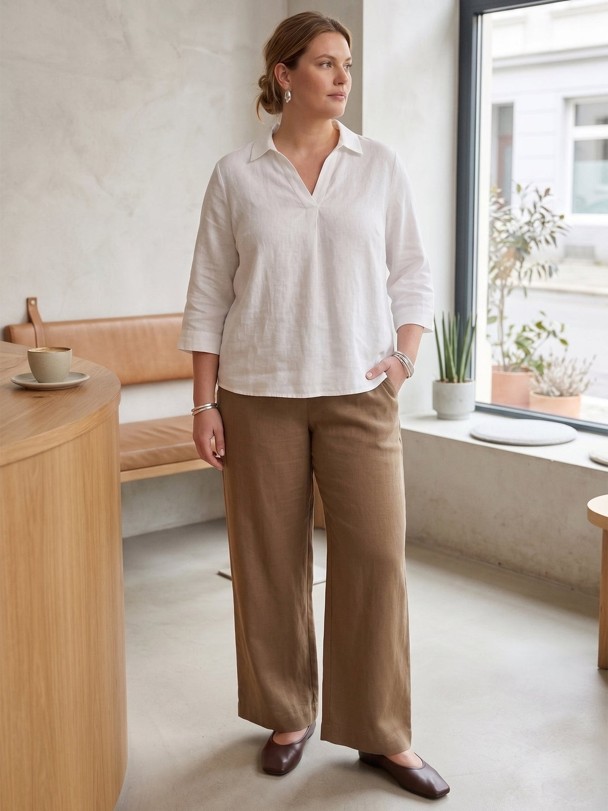 Larui Plus Size Women's Linen Pocket Wide-Leg Pants