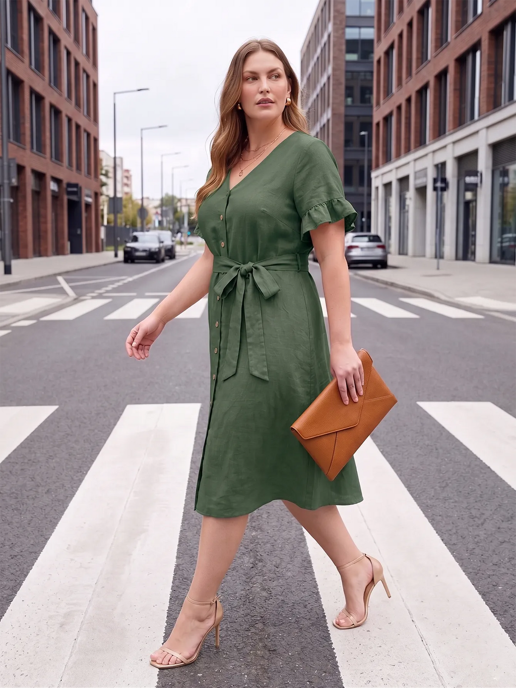 Larui Plus Size Women's Linen Short Sleeves Dress With Belted