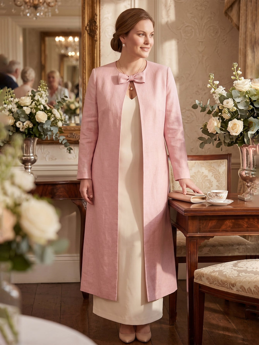 Larui Plus Size Women's Bow-Knot Wedding Long LinenCoat