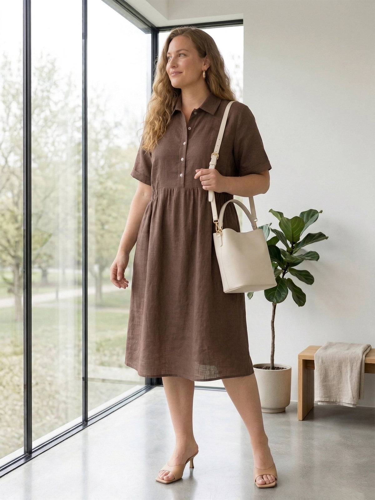 Larui Plus Size Women's Fitted Linen Pocket Dress