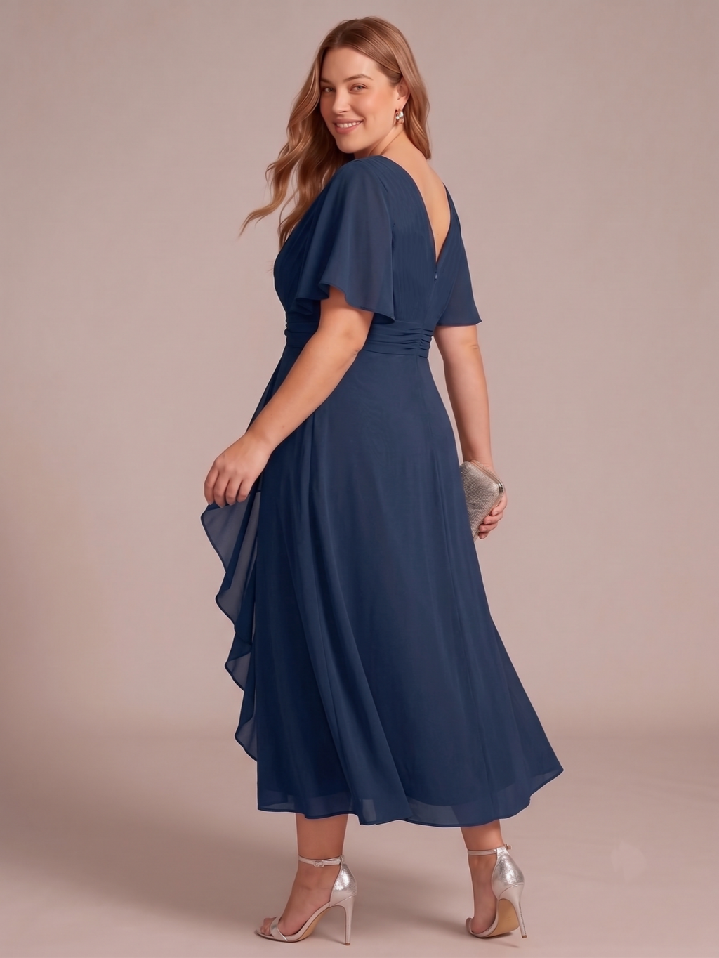 Larui Women's Plus-Size Chiffon Dress with V-Neck and Ruffled Hem