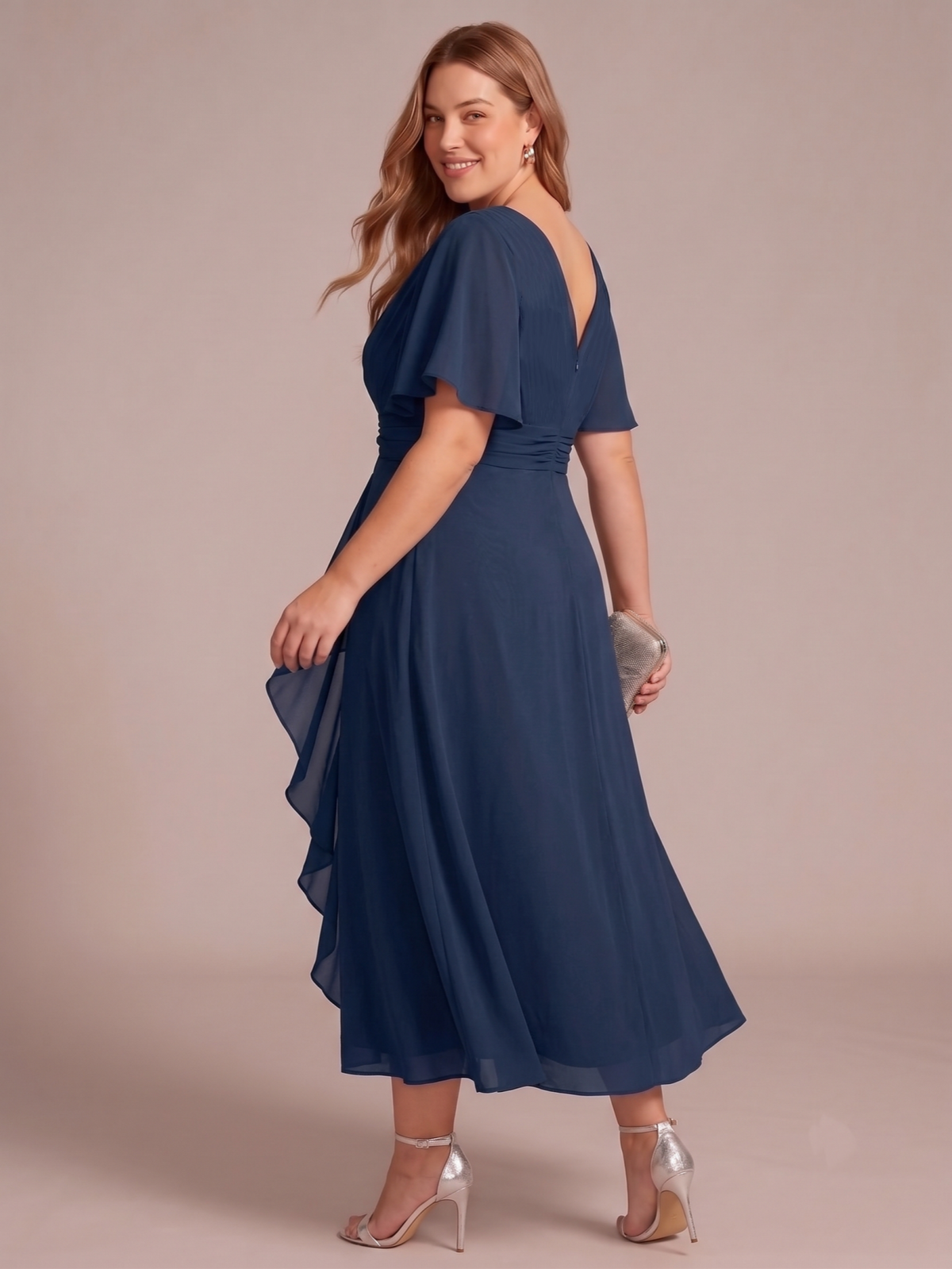 Larui Women's Plus-Size Chiffon Dress with V-Neck and Ruffled Hem