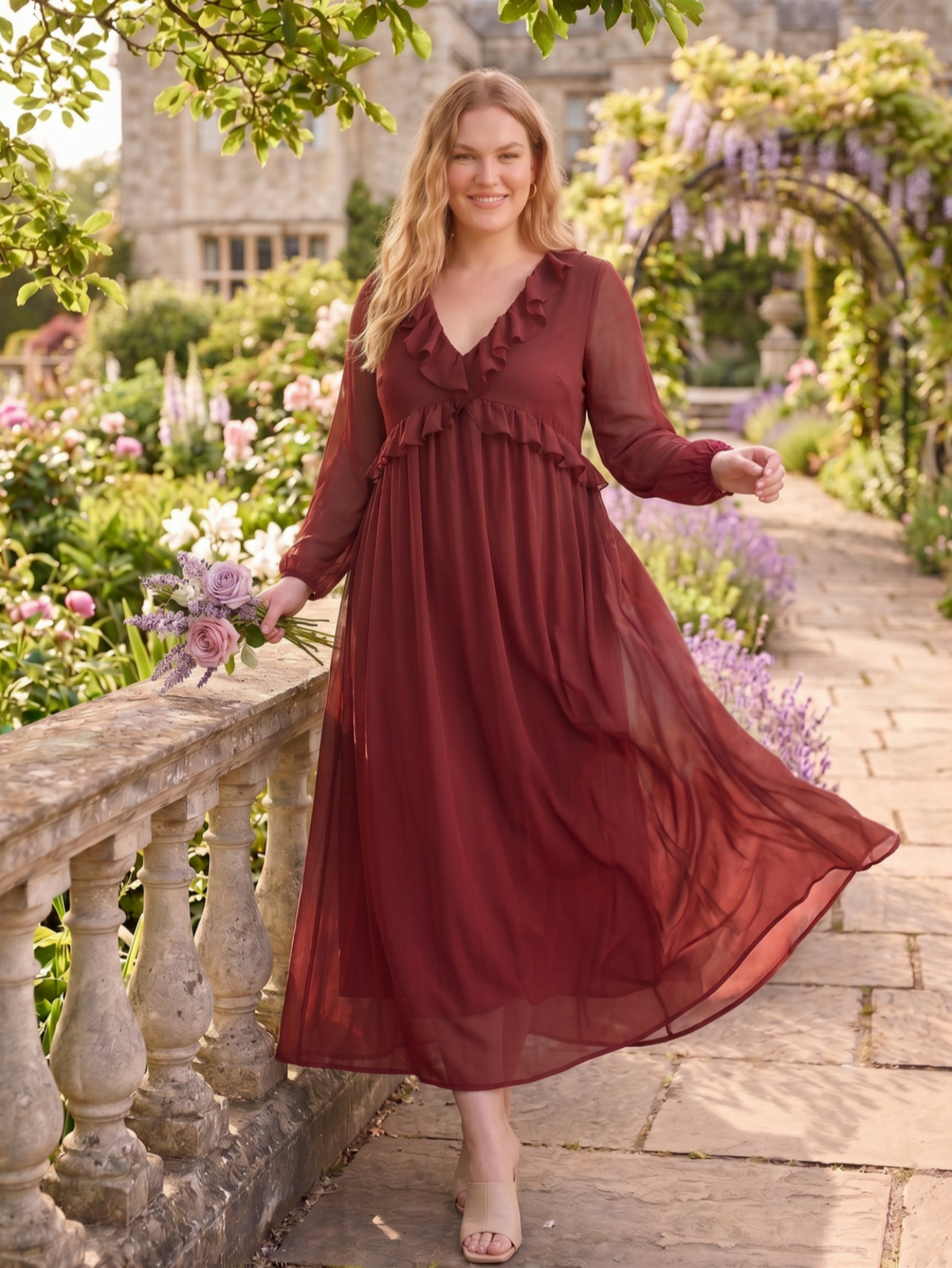 Larui Plus Size Women‘s Chiffon Ruffled V-Neck Dress