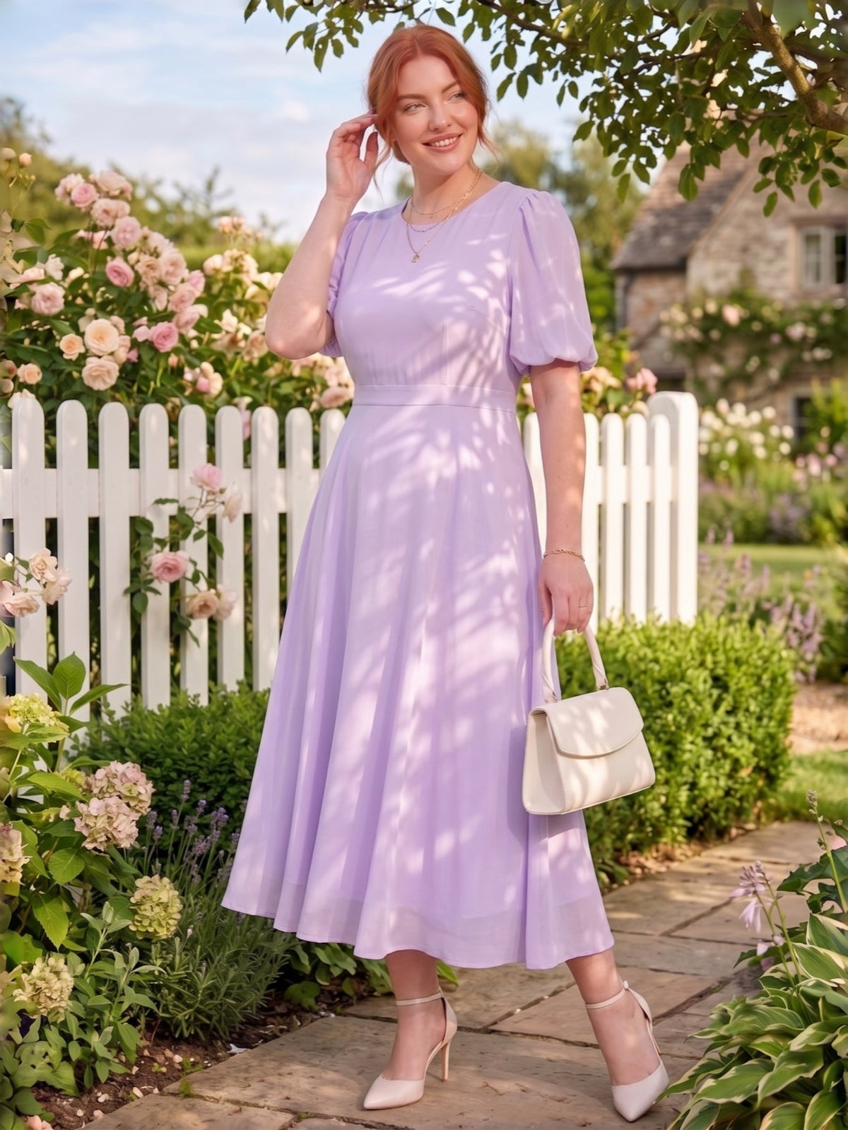 Larui Plus-Size Women's Puff-Sleeve Crew-Neck Dress