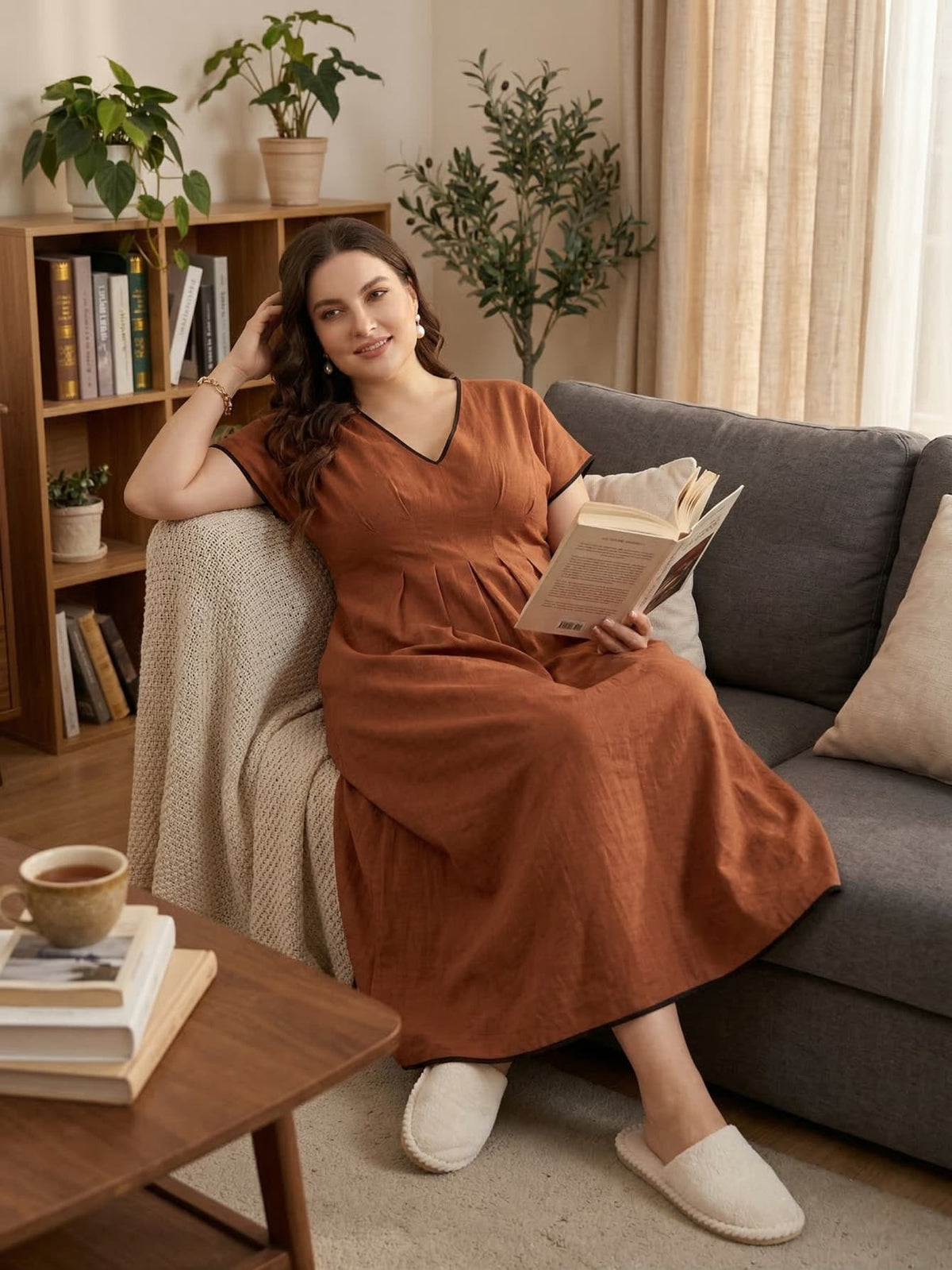 Larui Plus Size Women's Linen V-Neck Dress