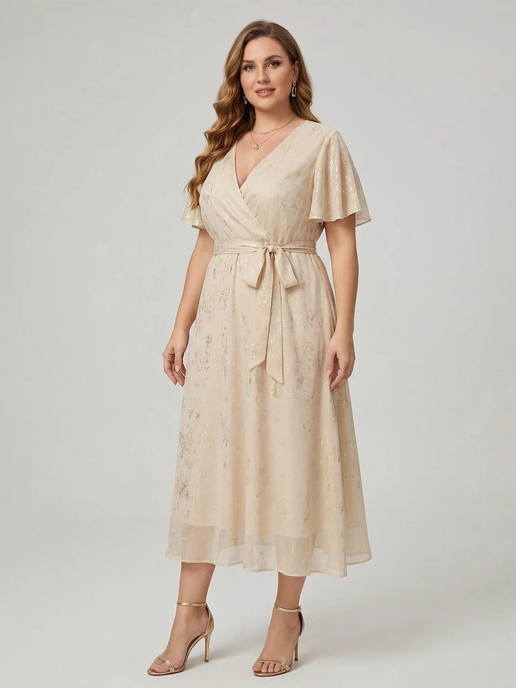 Larui Plus Size Elegant Gold-Stamped Chiffon Guest Dress