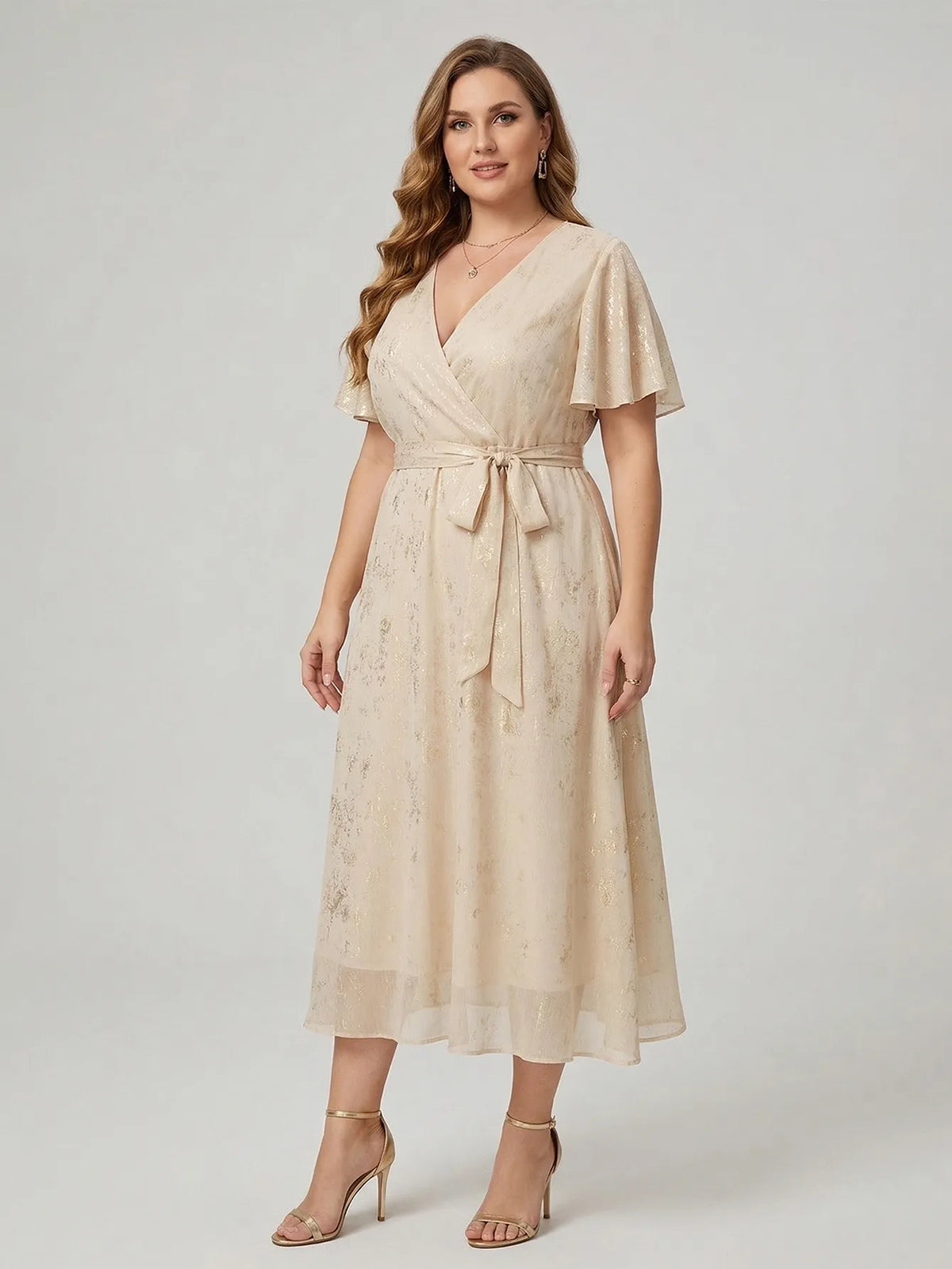Larui Plus Size Elegant Gold-Stamped Chiffon Guest Dress