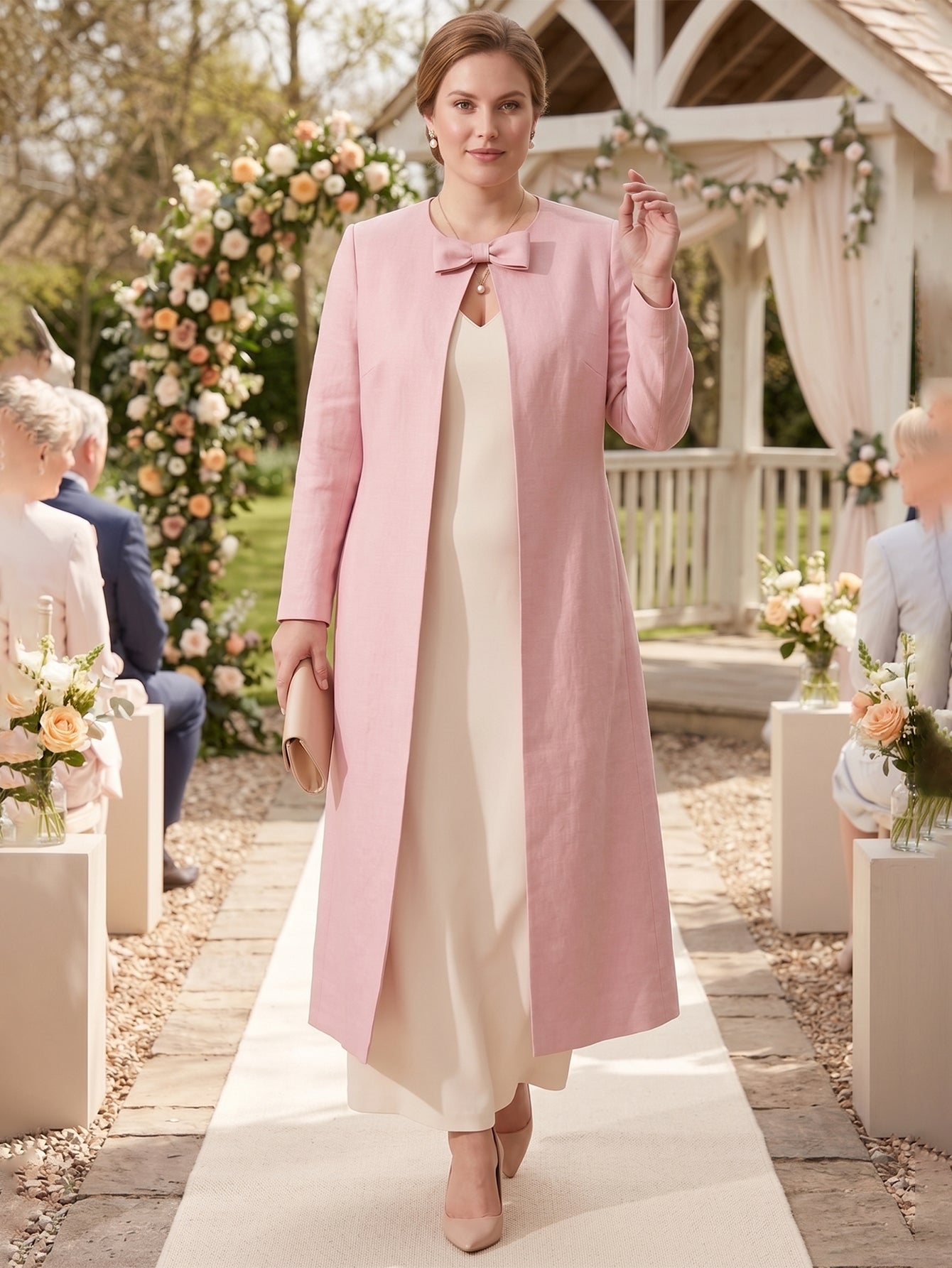 Larui Plus Size Women's Bow-Knot Wedding Long LinenCoat
