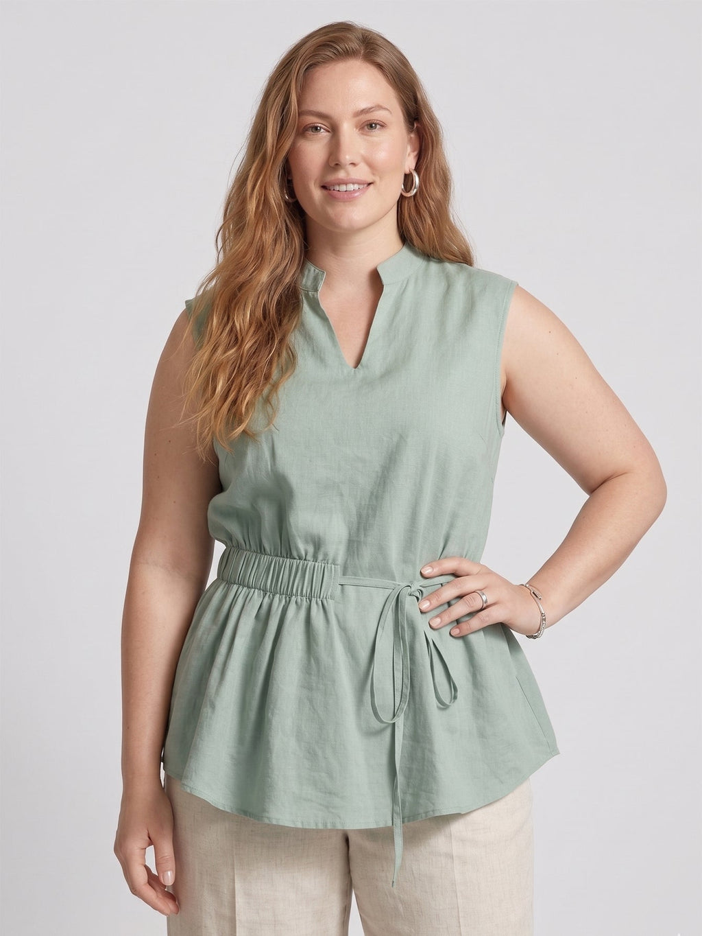 Larui Plus Size Women's Linen Elastic Waist Linen Top Vest