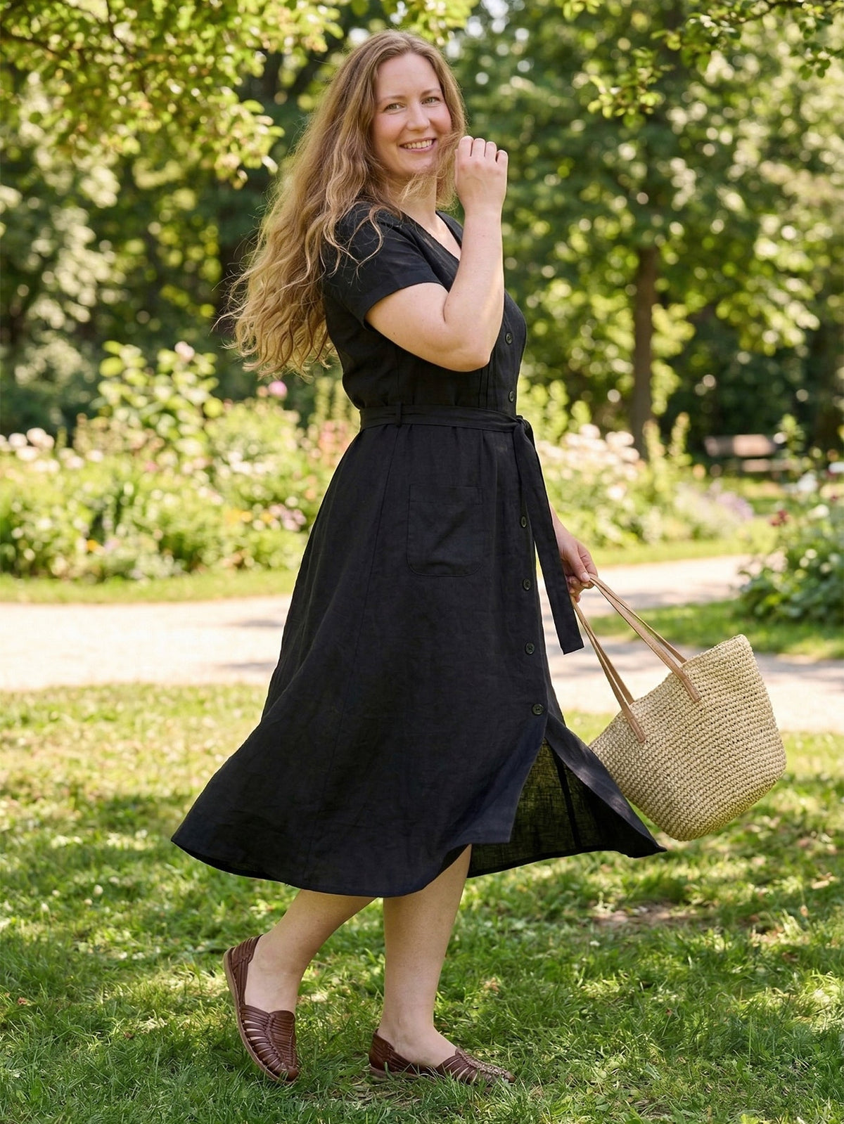 Larui Plus Size Women's Single-Breasted Linen Dress