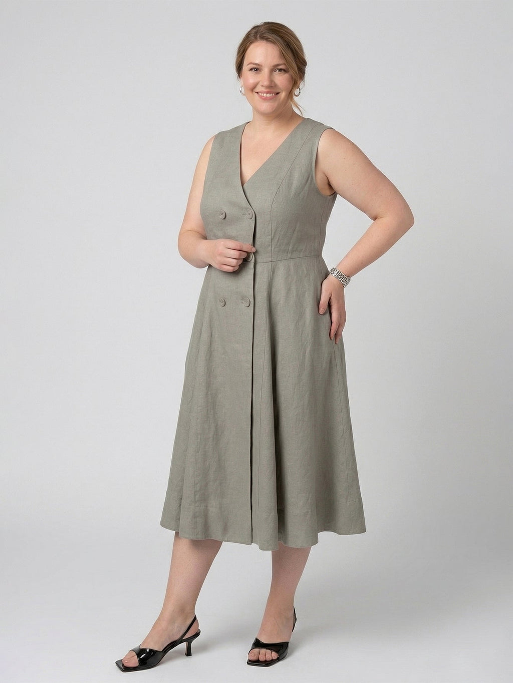 Larui Plus Size Women's Elegant Double-Breasted Linen Dress