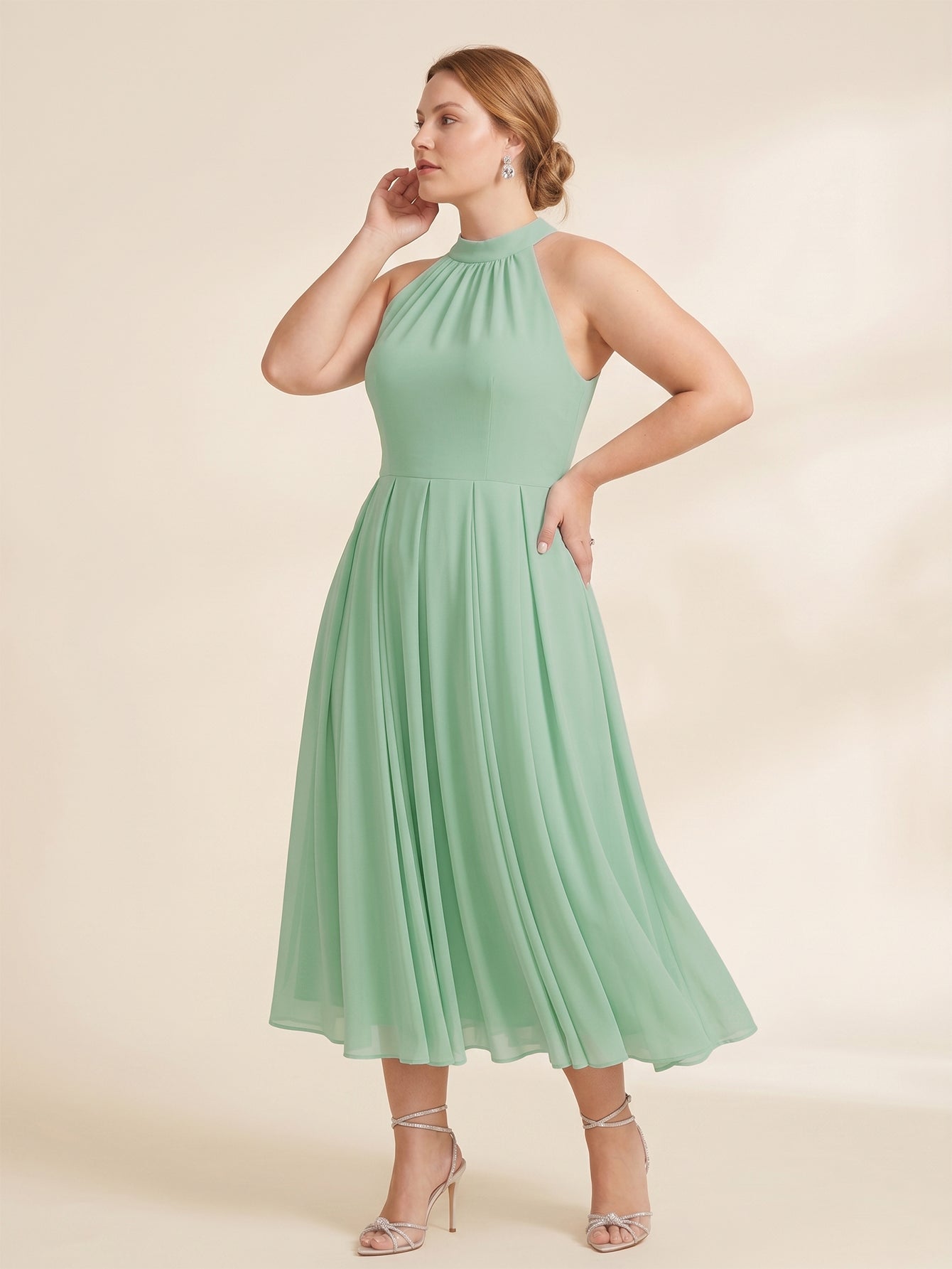 Larui Plus Size Women's Halter Neck Chiffon Dress