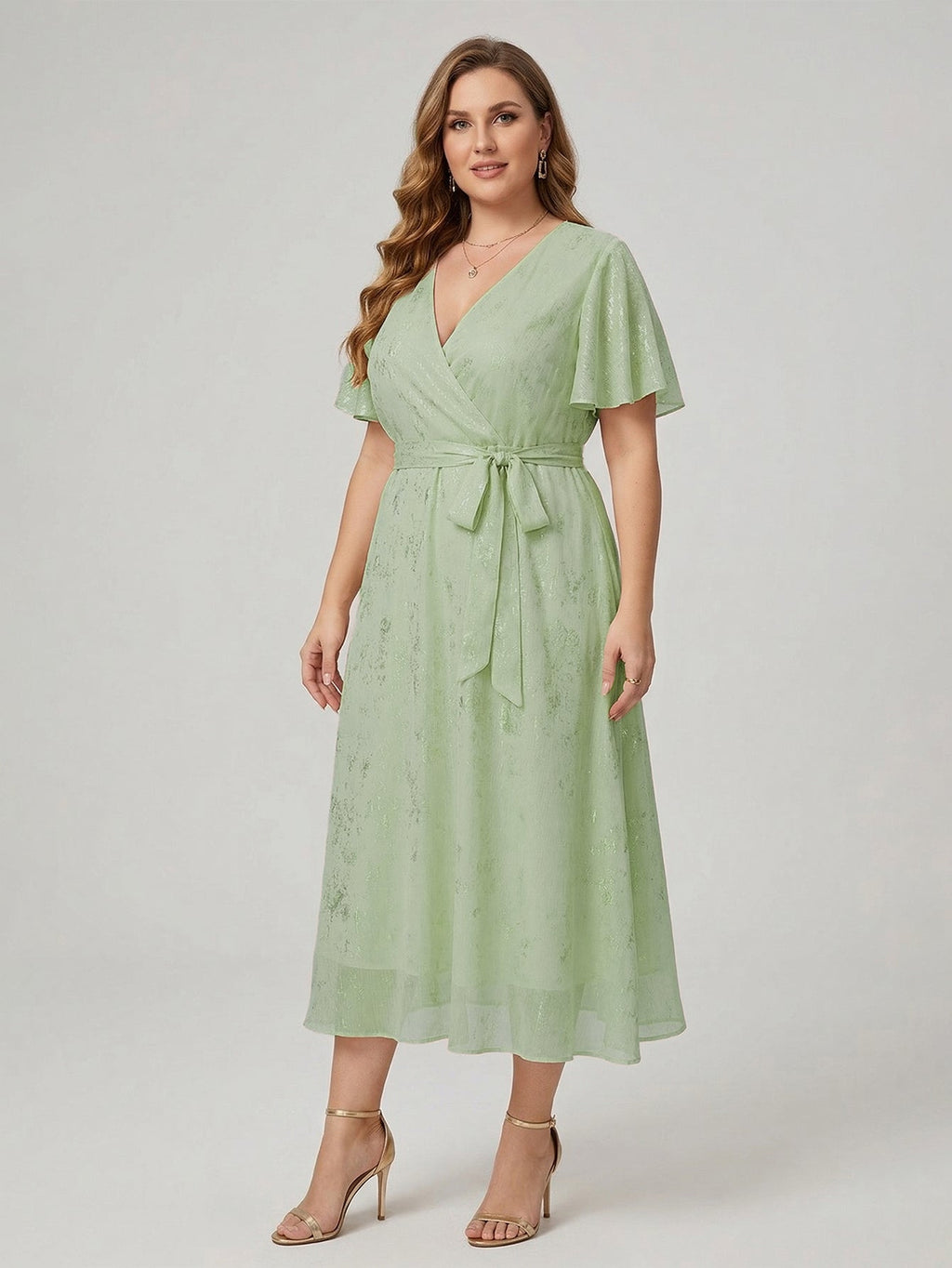 Larui Plus Size Elegant Gold-Stamped Chiffon Guest Dress