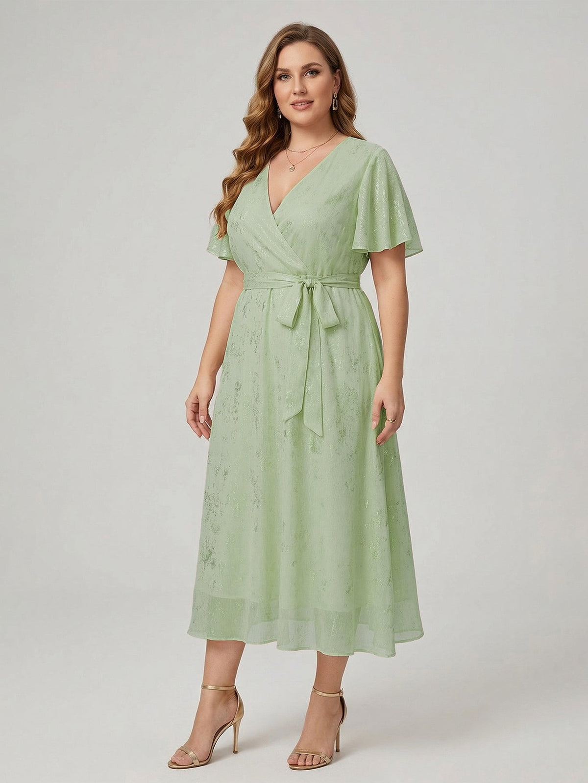 Larui Plus Size Elegant Gold-Stamped Chiffon Guest Dress