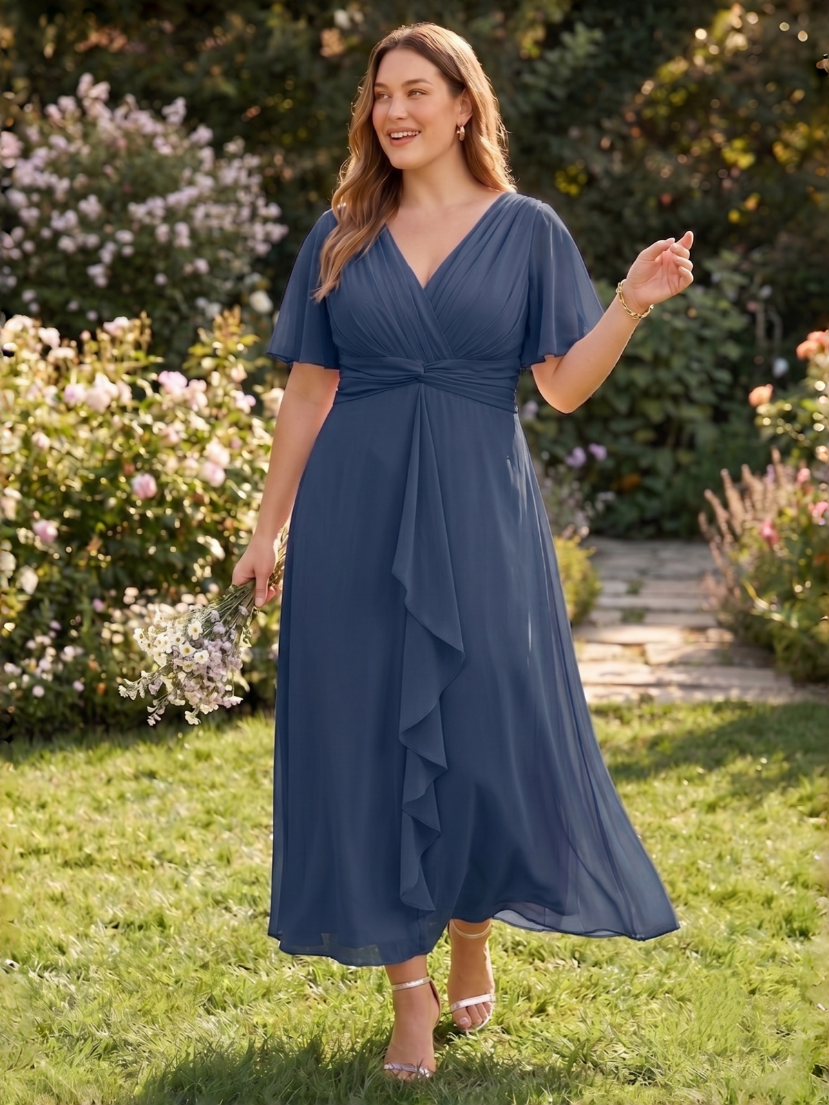 Larui Women's Plus-Size Chiffon Dress with V-Neck and Ruffled Hem
