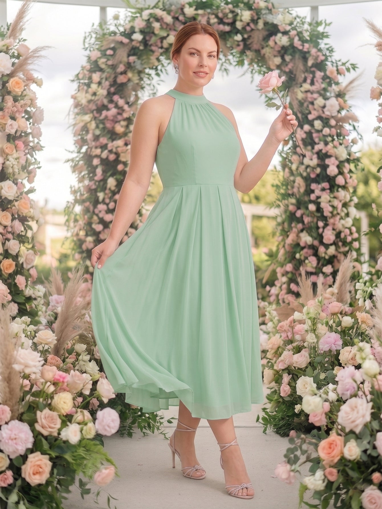 Larui Plus Size Women's Halter Neck Chiffon Dress