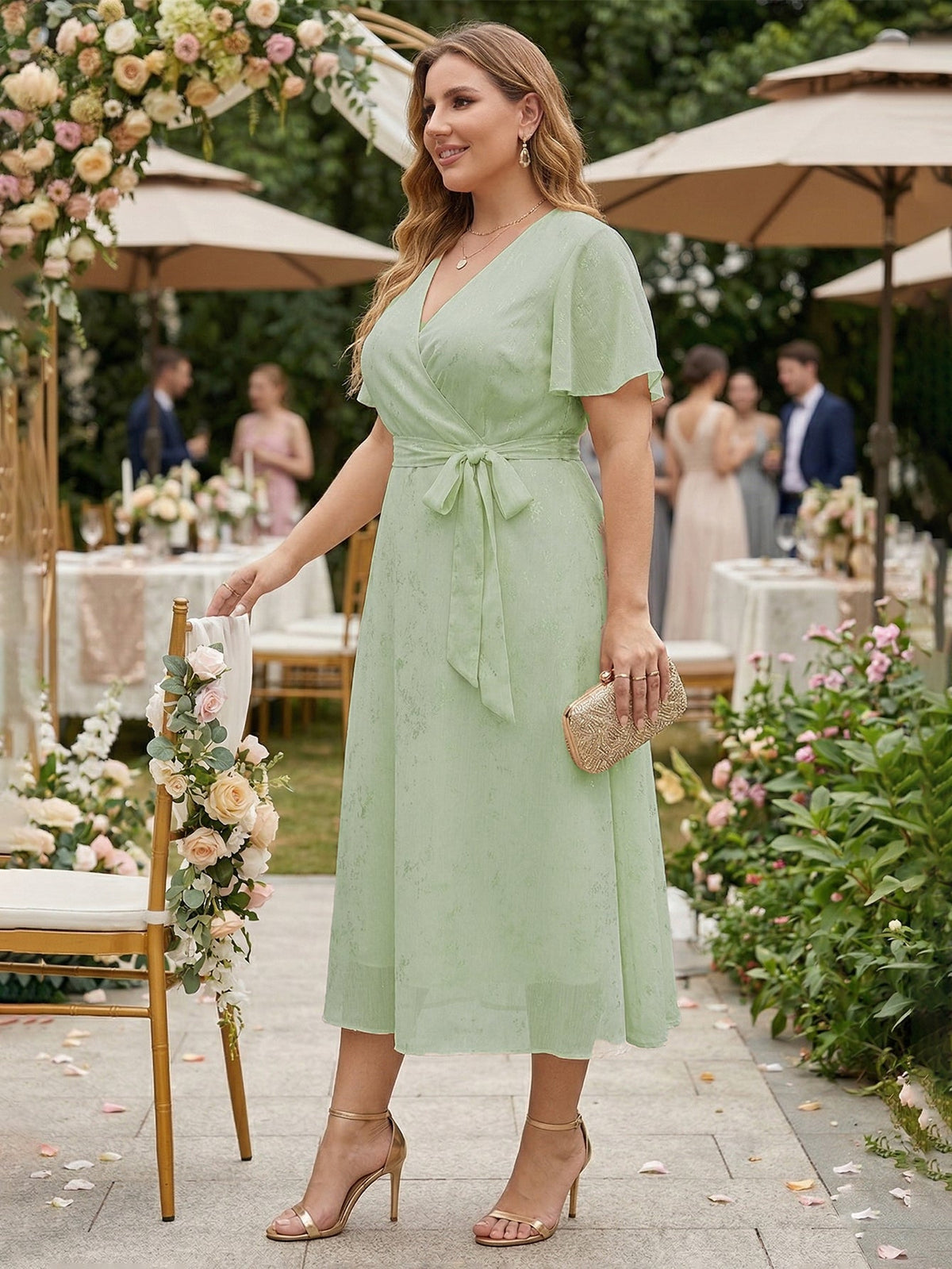 Larui Plus Size Elegant Gold-Stamped Chiffon Guest Dress
