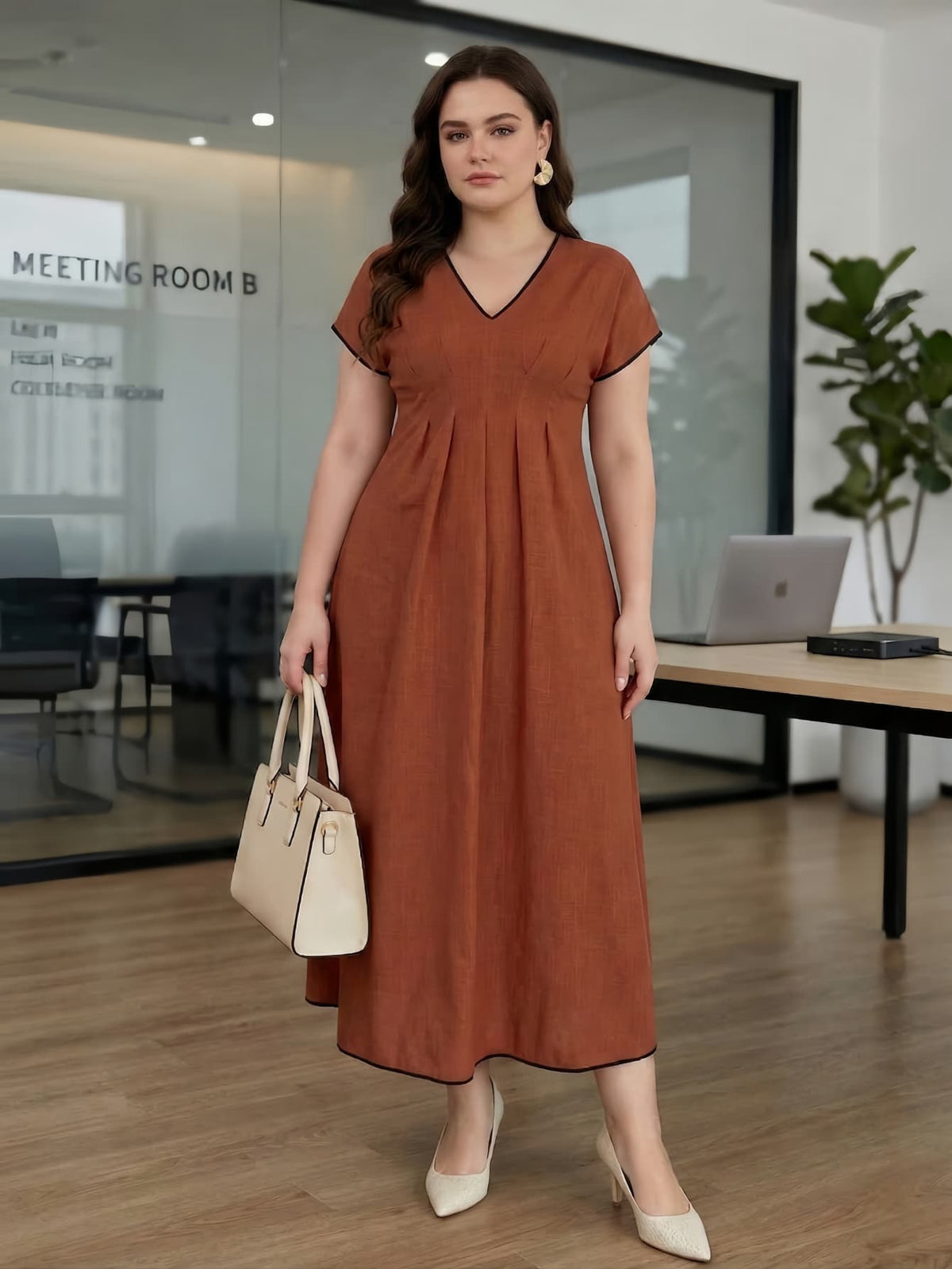 Larui Plus Size Women's Linen V-Neck Dress