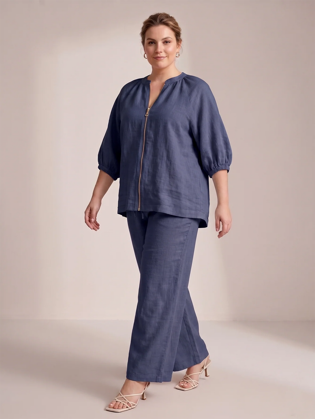 Larui Plus Size Women's Three-Quarter Sleeve Top and Pants Two-Piece Linen Set