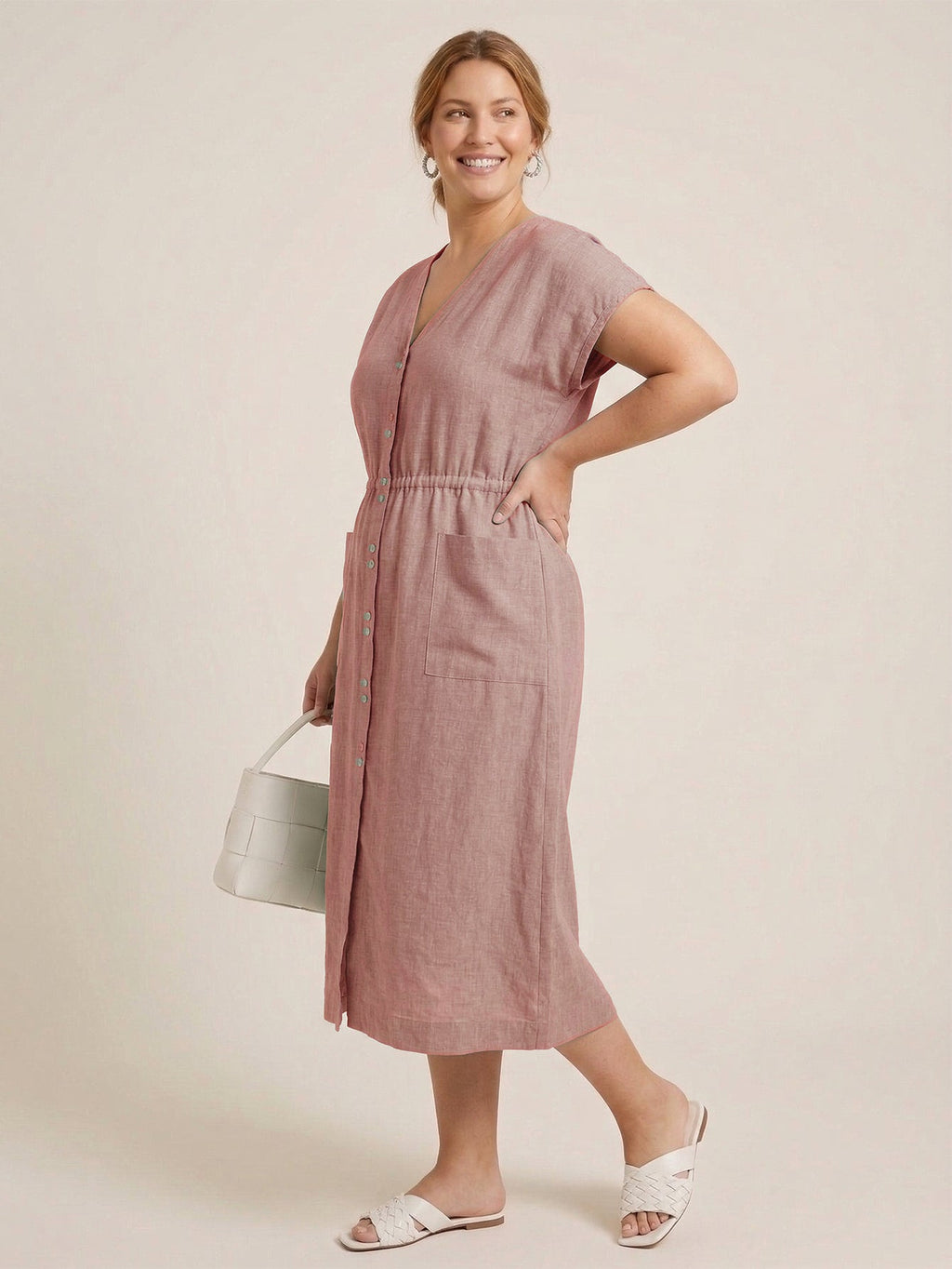 Larui Plus Size Women's Elegant Pocket Linen Dress