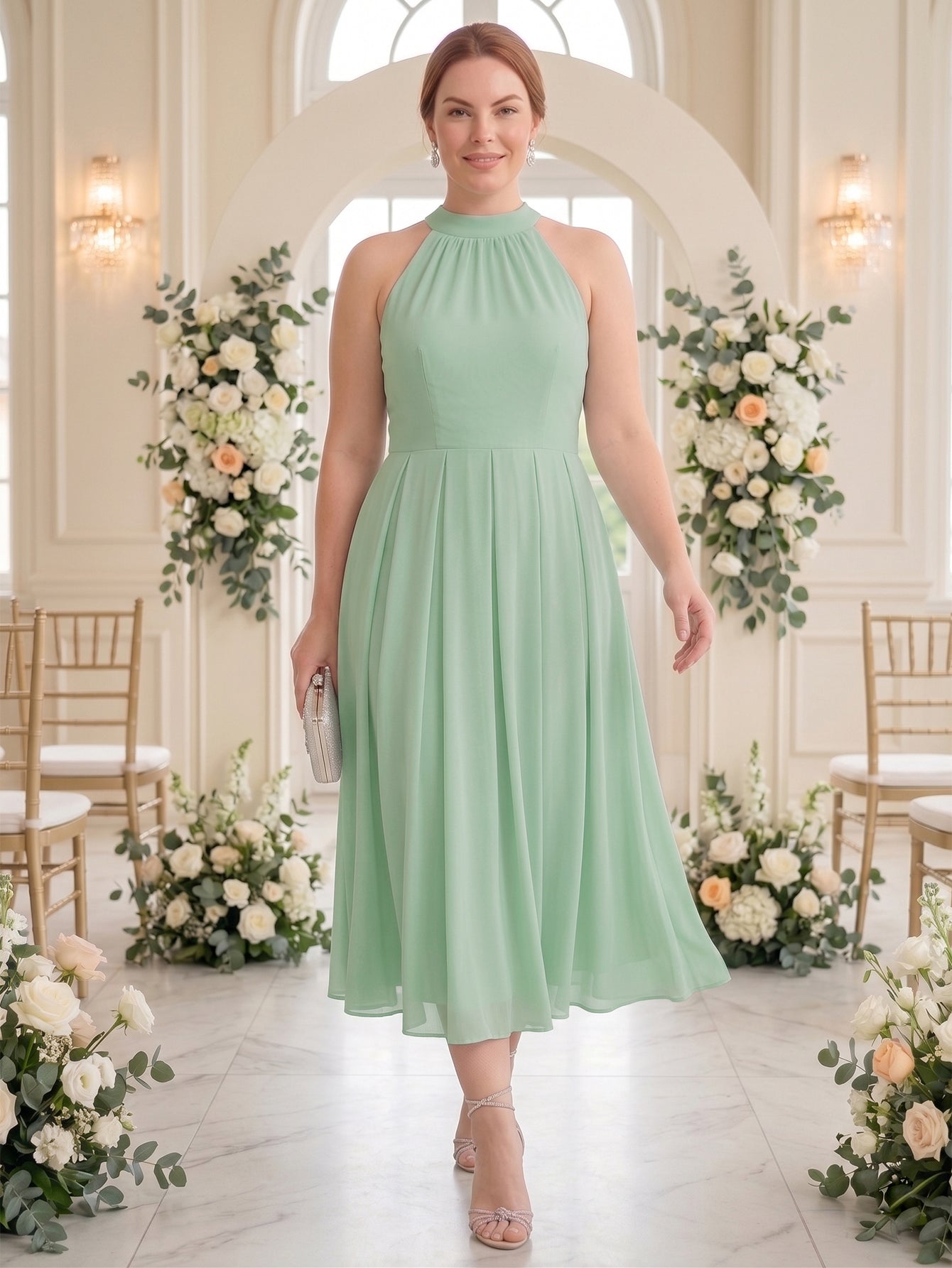 Larui Plus Size Women's Halter Neck Chiffon Dress