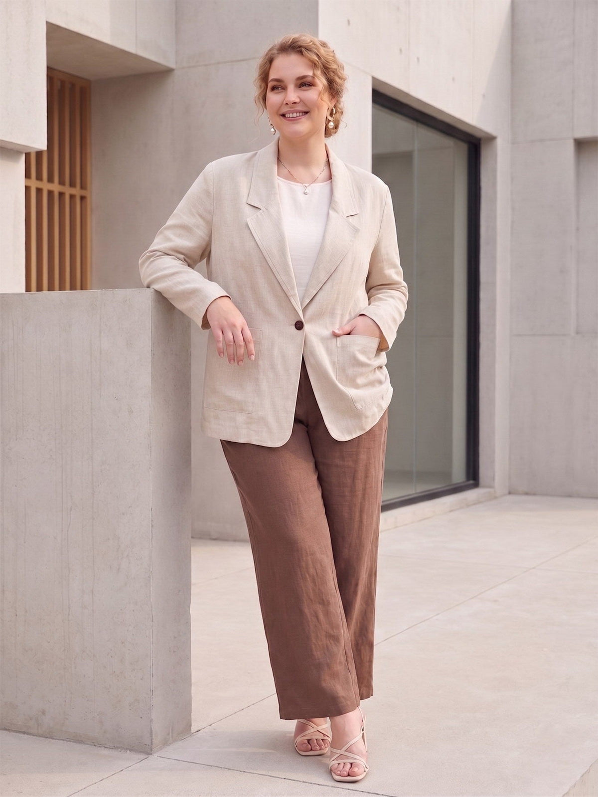 Larui Plus Size Women's Linen Long Sleeves Pocket Blazer