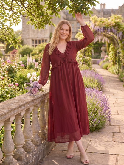 Larui Plus Size Women‘s Chiffon Ruffled V-Neck Dress