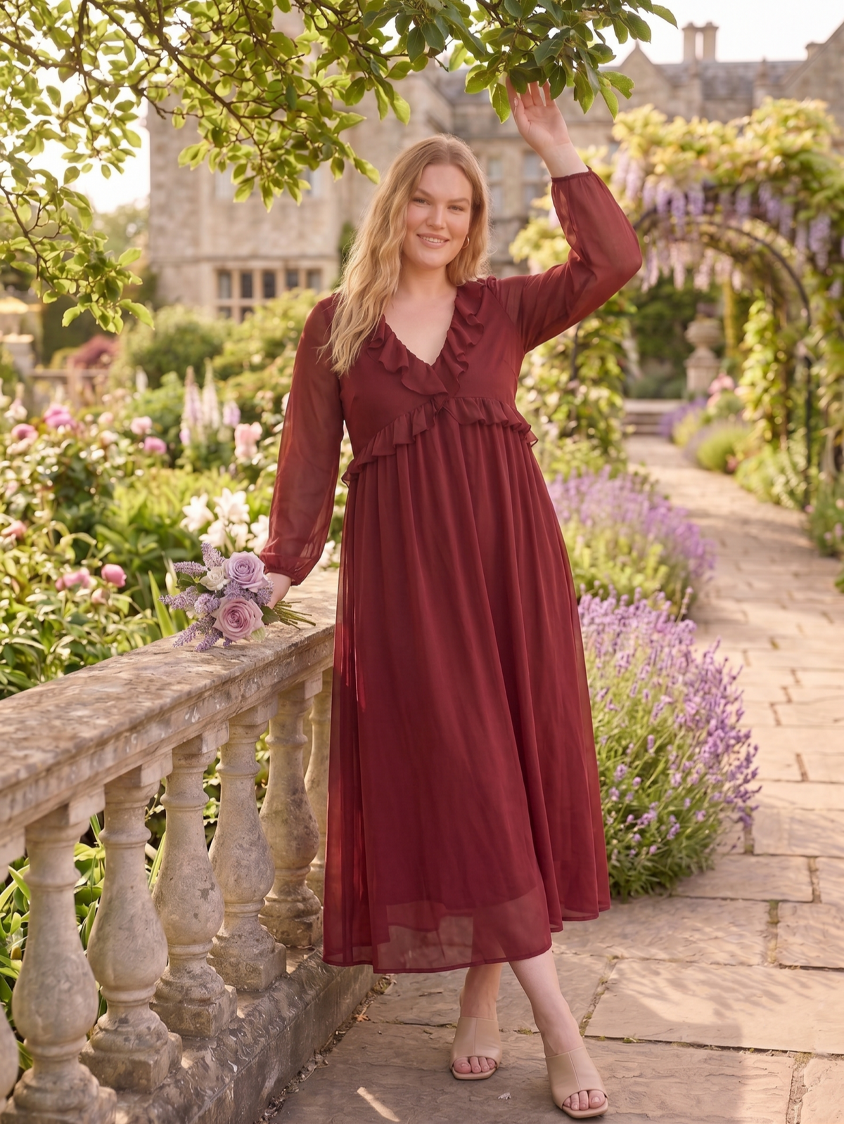 Larui Plus Size Women‘s Chiffon Ruffled V-Neck Dress