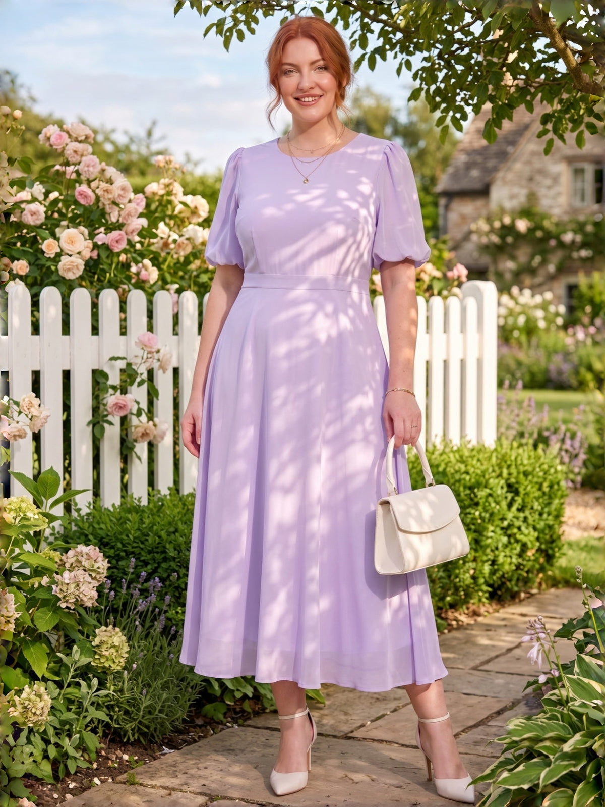 Larui Plus-Size Women's Puff-Sleeve Crew-Neck Dress