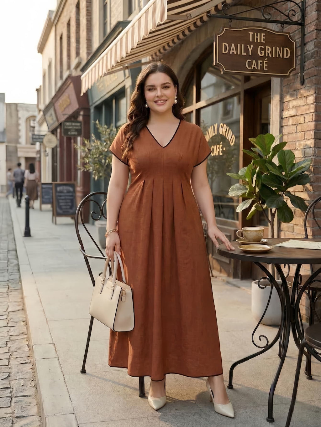 Larui Plus Size Women's Linen V-Neck Dress