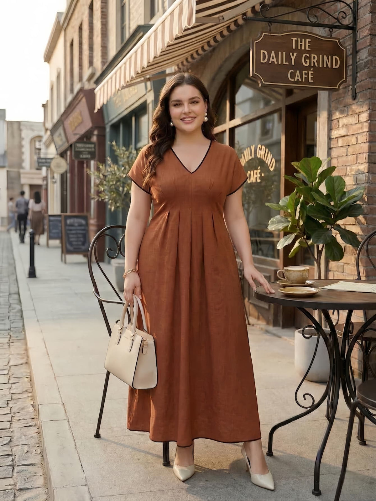 Larui Plus Size Women's Linen V-Neck Dress