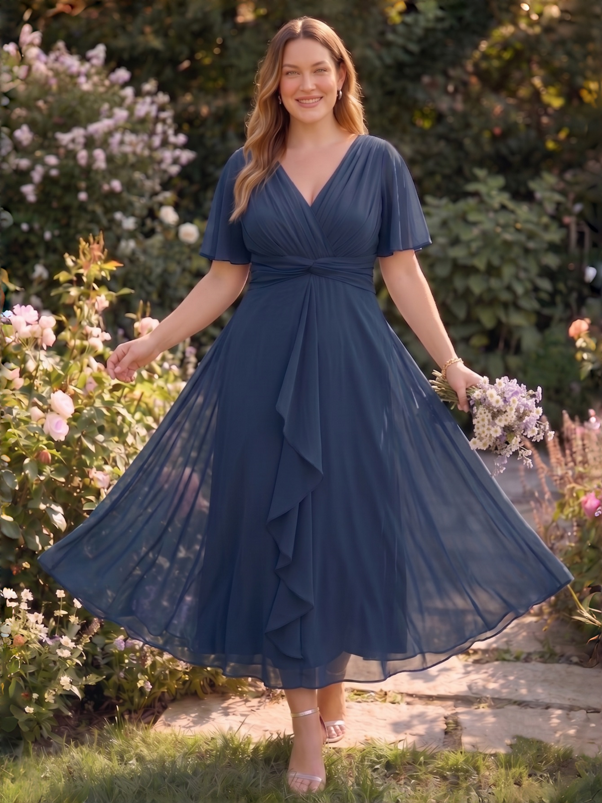 Larui Women's Plus-Size Chiffon Dress with V-Neck and Ruffled Hem