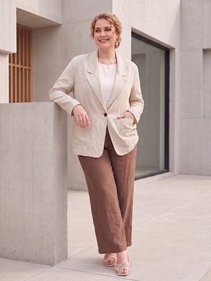 Larui Plus Size Women's Linen Long Sleeves Pocket Blazer