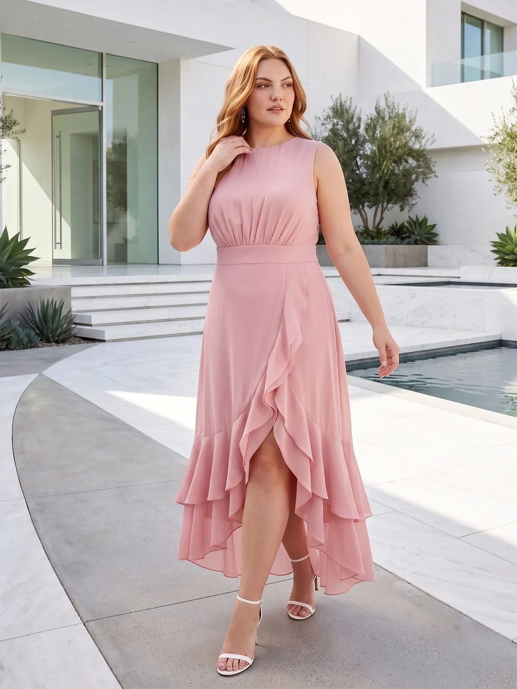 Larui Plus Size Women‘s Chiffon Ruffles Dress