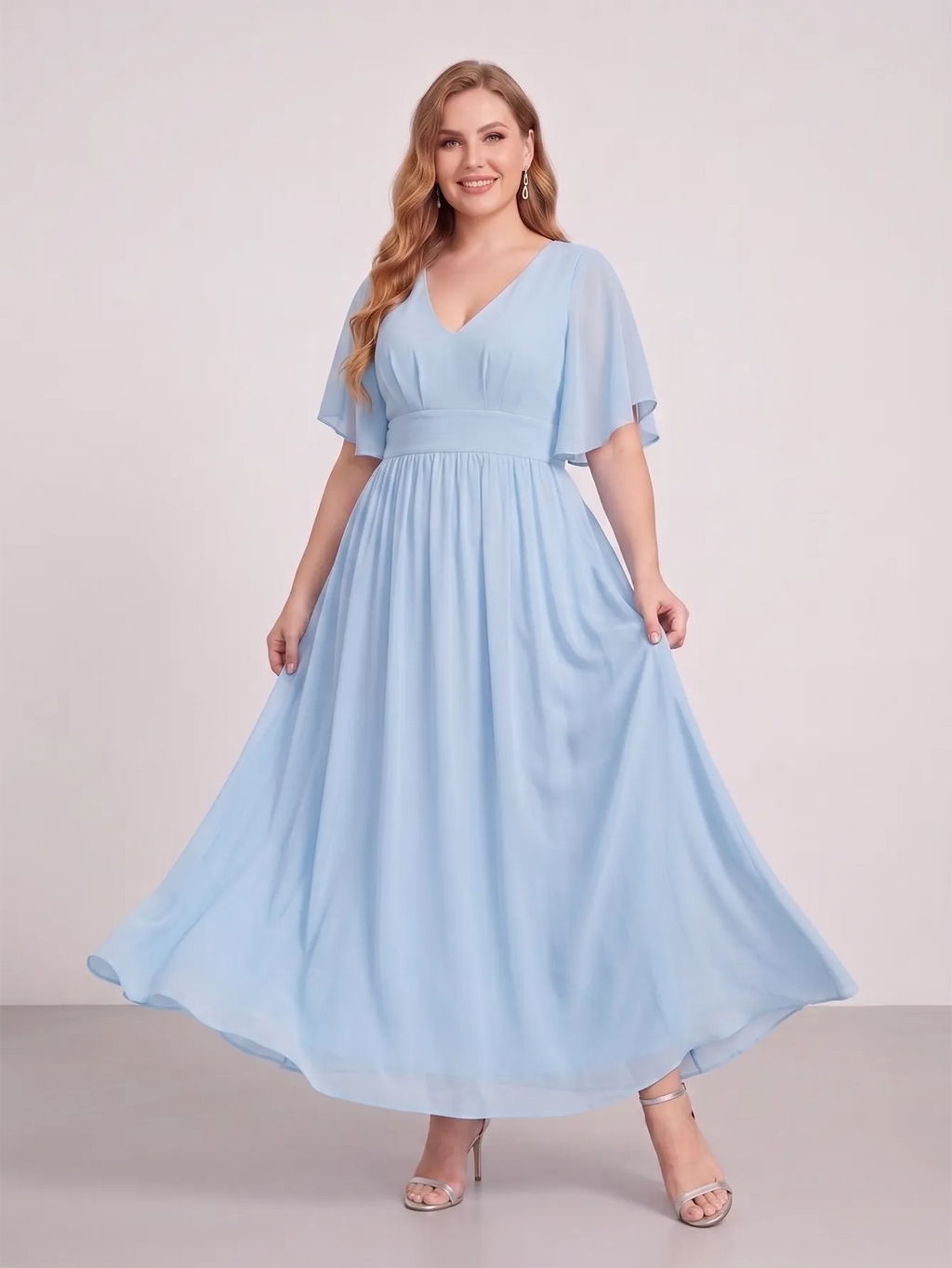 Larui Plus Size Women‘s V-Neck Chiffon Ruffles Sleeves Dress