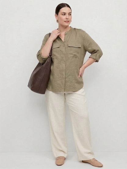 Larui Plus Size Women's Elegant Linen Pocket Shirt