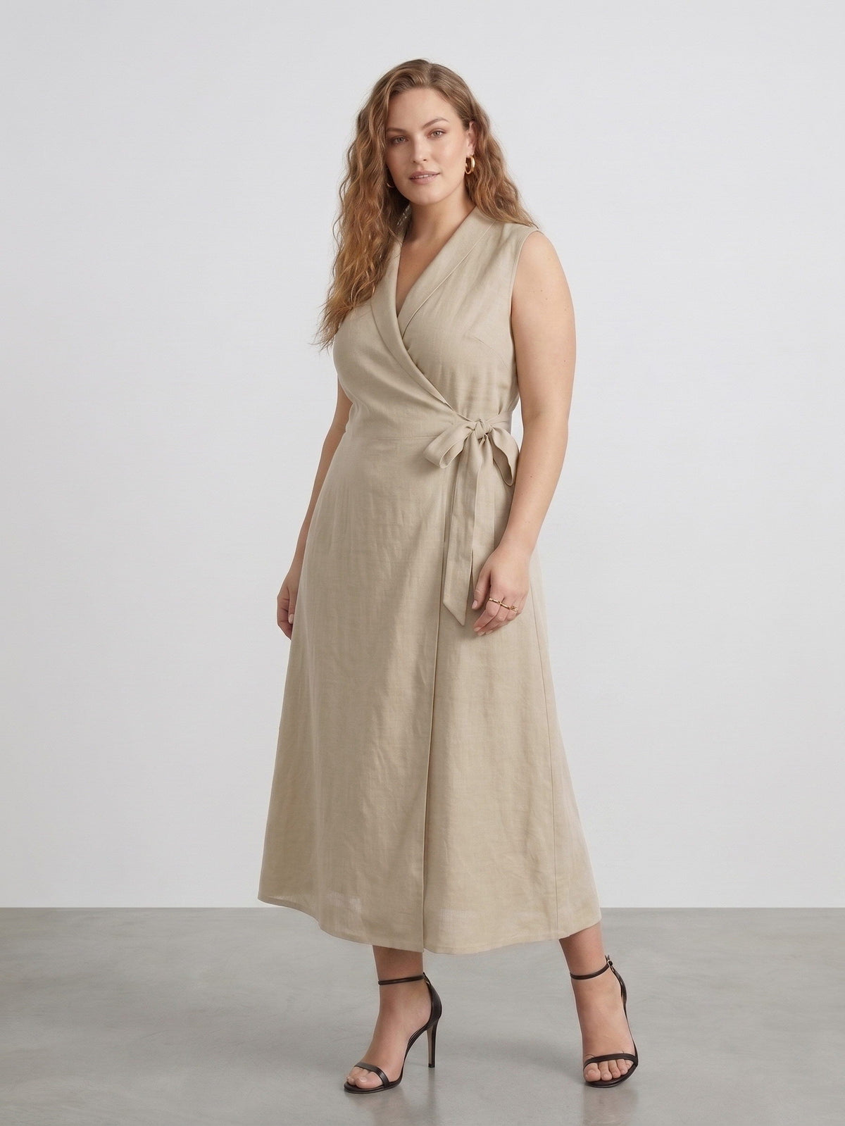 Larui Plus Size Women‘s Linen  V-Neck Sleeveless Dress