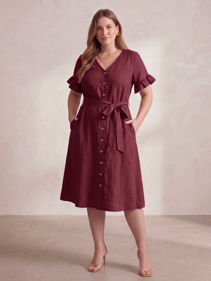 Larui Plus Size Women's Linen Short Sleeves Dress With Belted