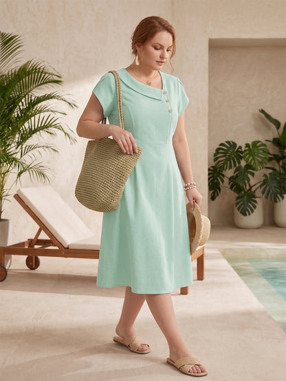 Larui Plus Size Women's Elegant Irregular Collar Linen Pocket Dress