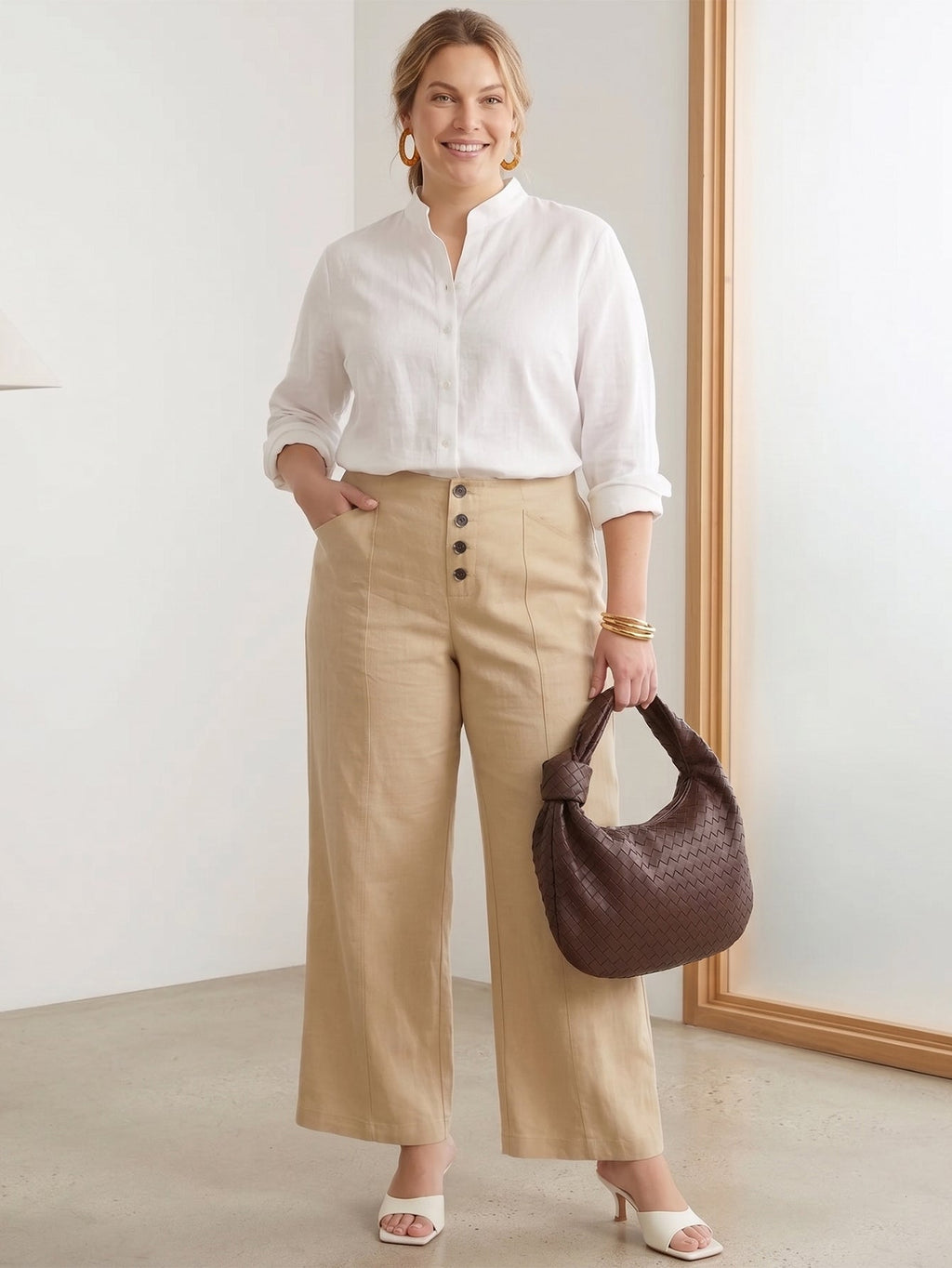 Larui Plus Size Women's ButtonDown Wide-Le-g Linen Pants